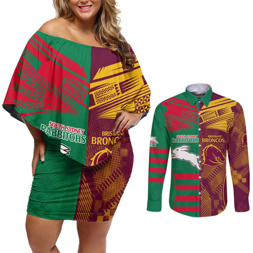 Custom NRL Rabbitohs and Broncos Couples Matching Off Shoulder Short Dress and Long Sleeve Button Shirt Sporty Style