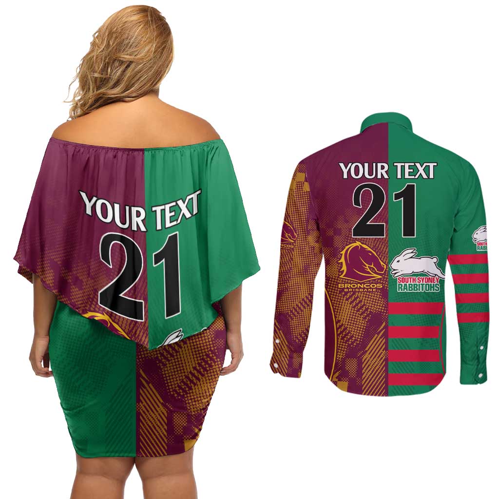Custom NRL Rabbitohs and Broncos Couples Matching Off Shoulder Short Dress and Long Sleeve Button Shirt Sporty Style
