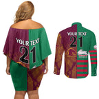 Custom NRL Rabbitohs and Broncos Couples Matching Off Shoulder Short Dress and Long Sleeve Button Shirt Sporty Style