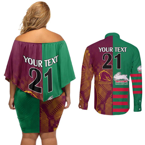 Custom NRL Rabbitohs and Broncos Couples Matching Off Shoulder Short Dress and Long Sleeve Button Shirt Sporty Style