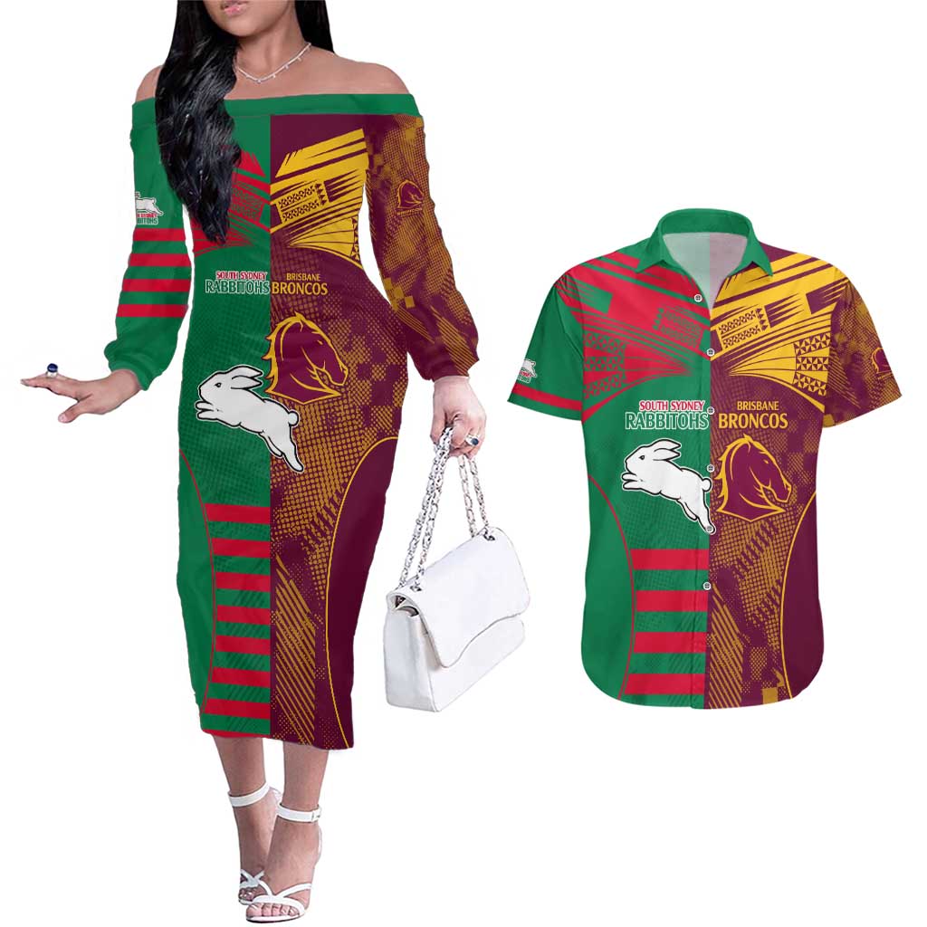 Custom NRL Rabbitohs and Broncos Couples Matching Off The Shoulder Long Sleeve Dress and Hawaiian Shirt Sporty Style
