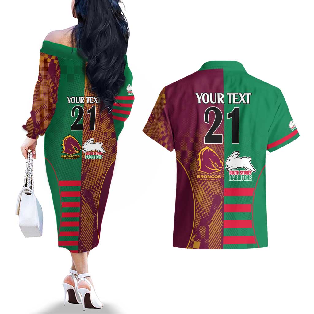 Custom NRL Rabbitohs and Broncos Couples Matching Off The Shoulder Long Sleeve Dress and Hawaiian Shirt Sporty Style