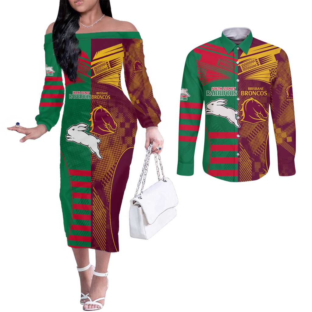 Custom NRL Rabbitohs and Broncos Couples Matching Off The Shoulder Long Sleeve Dress and Long Sleeve Button Shirt Sporty Style