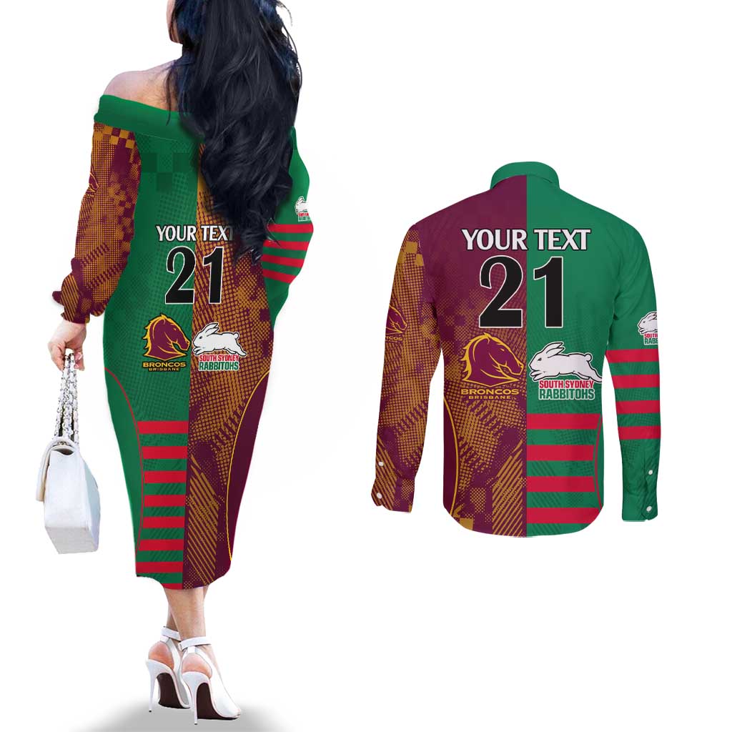 Custom NRL Rabbitohs and Broncos Couples Matching Off The Shoulder Long Sleeve Dress and Long Sleeve Button Shirt Sporty Style