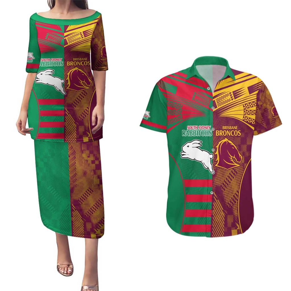Custom NRL Rabbitohs and Broncos Couples Matching Puletasi and Hawaiian Shirt Sporty Style
