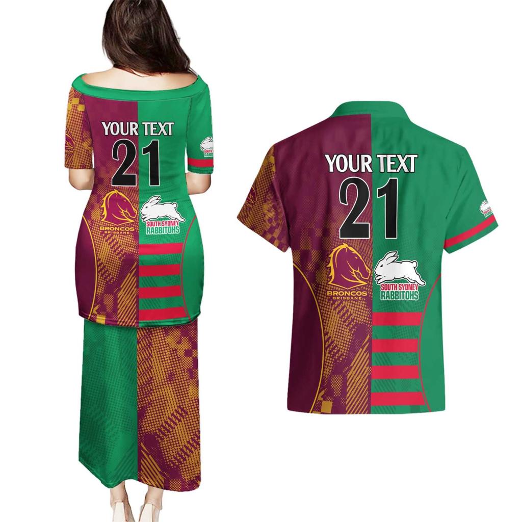 Custom NRL Rabbitohs and Broncos Couples Matching Puletasi and Hawaiian Shirt Sporty Style