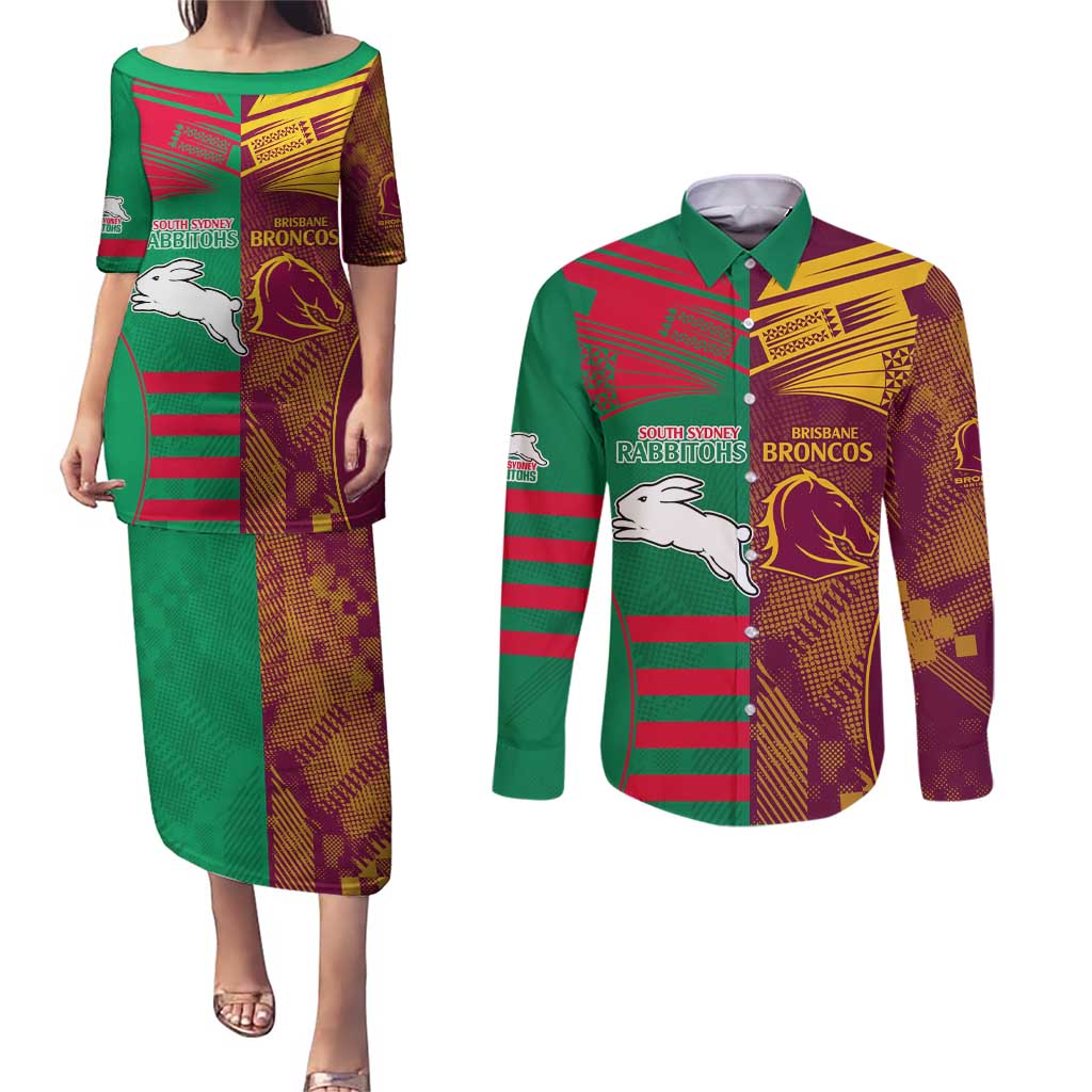 Custom NRL Rabbitohs and Broncos Couples Matching Puletasi and Long Sleeve Button Shirt Sporty Style