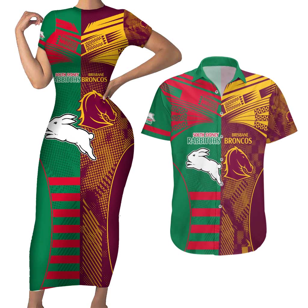 Custom NRL Rabbitohs and Broncos Couples Matching Short Sleeve Bodycon Dress and Hawaiian Shirt Sporty Style