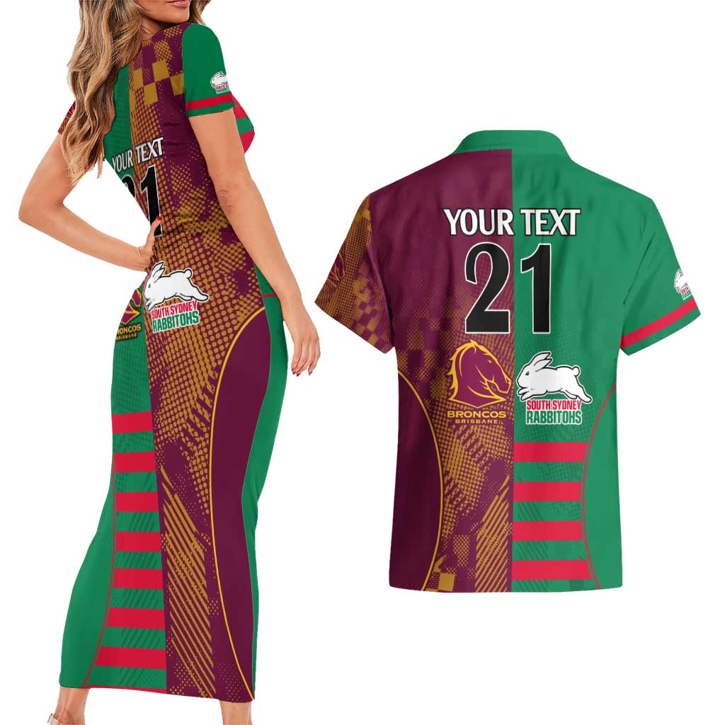 Custom NRL Rabbitohs and Broncos Couples Matching Short Sleeve Bodycon Dress and Hawaiian Shirt Sporty Style