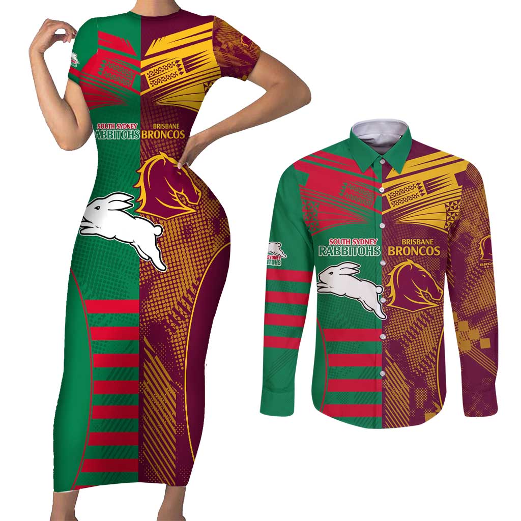 Custom NRL Rabbitohs and Broncos Couples Matching Short Sleeve Bodycon Dress and Long Sleeve Button Shirt Sporty Style