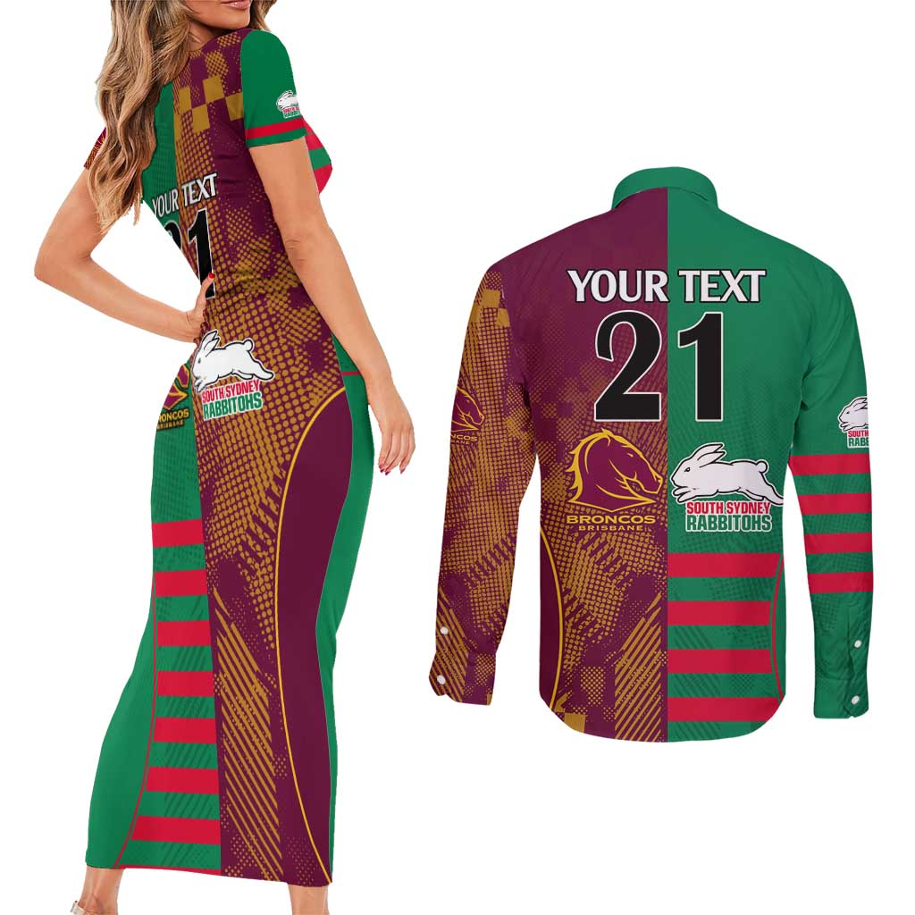 Custom NRL Rabbitohs and Broncos Couples Matching Short Sleeve Bodycon Dress and Long Sleeve Button Shirt Sporty Style
