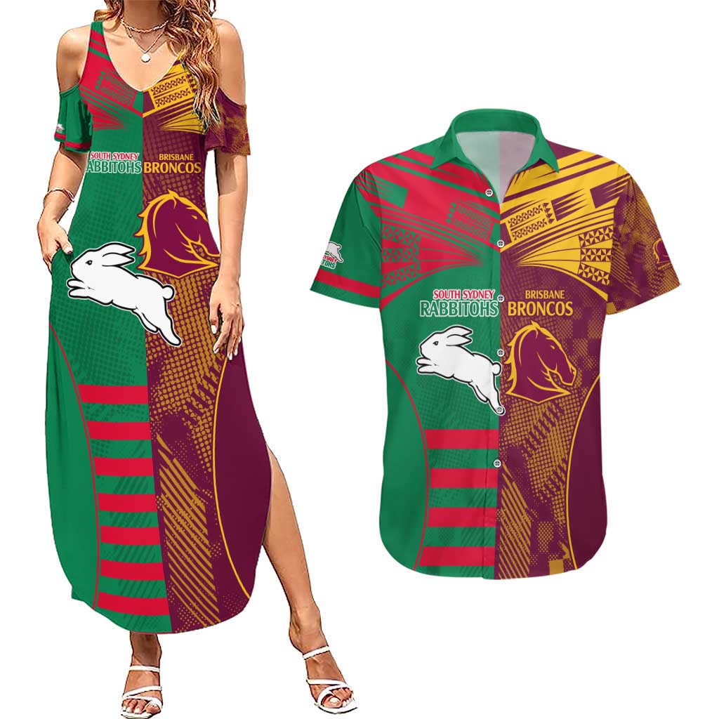 Custom NRL Rabbitohs and Broncos Couples Matching Summer Maxi Dress and Hawaiian Shirt Sporty Style