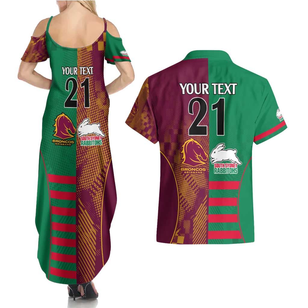 Custom NRL Rabbitohs and Broncos Couples Matching Summer Maxi Dress and Hawaiian Shirt Sporty Style