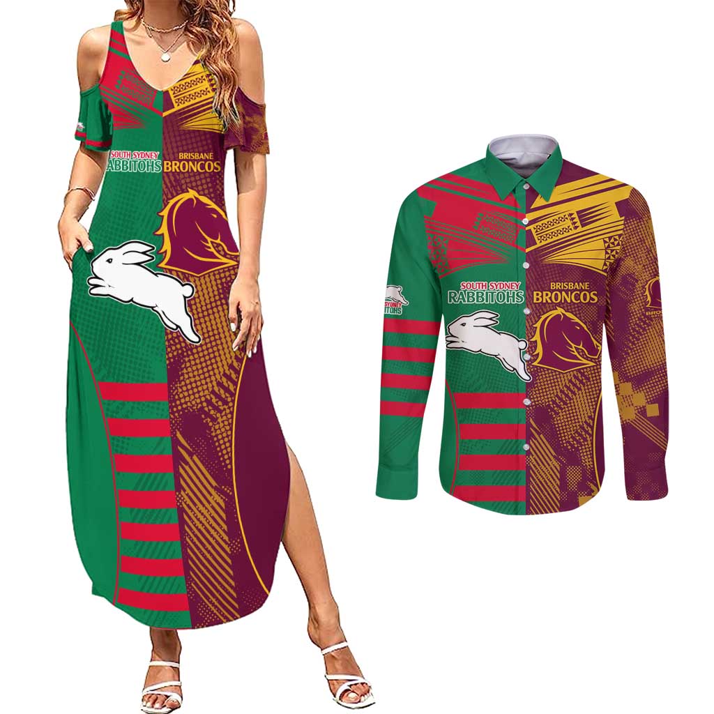 Custom NRL Rabbitohs and Broncos Couples Matching Summer Maxi Dress and Long Sleeve Button Shirt Sporty Style