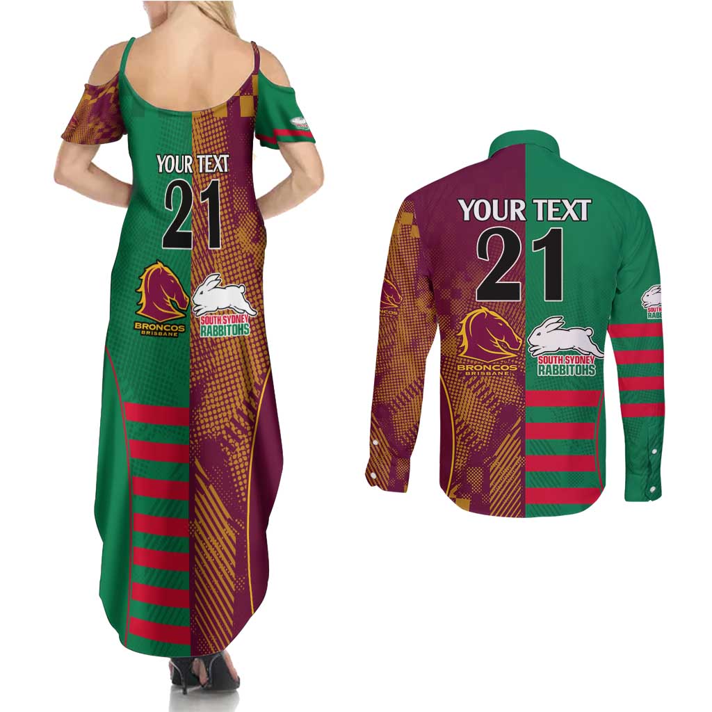 Custom NRL Rabbitohs and Broncos Couples Matching Summer Maxi Dress and Long Sleeve Button Shirt Sporty Style