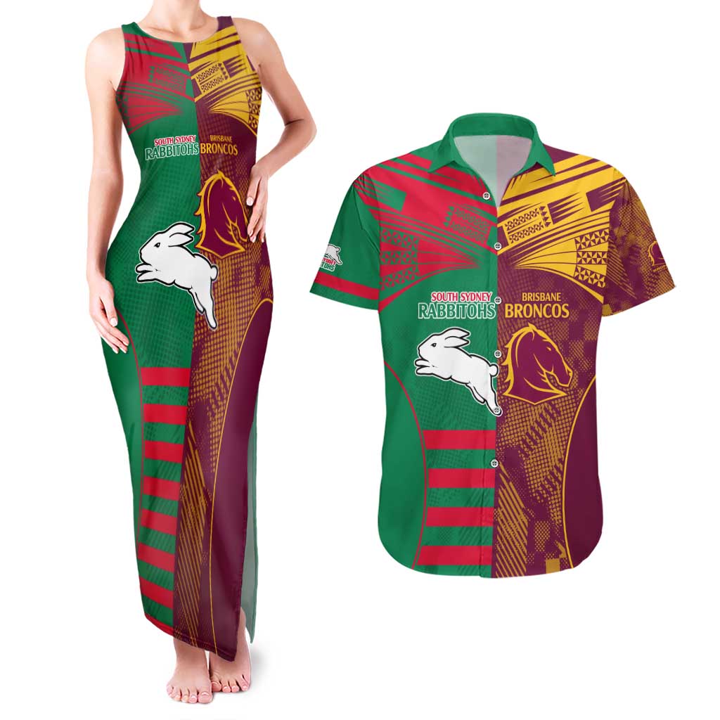 Custom NRL Rabbitohs and Broncos Couples Matching Tank Maxi Dress and Hawaiian Shirt Sporty Style