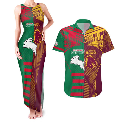 Custom NRL Rabbitohs and Broncos Couples Matching Tank Maxi Dress and Hawaiian Shirt Sporty Style