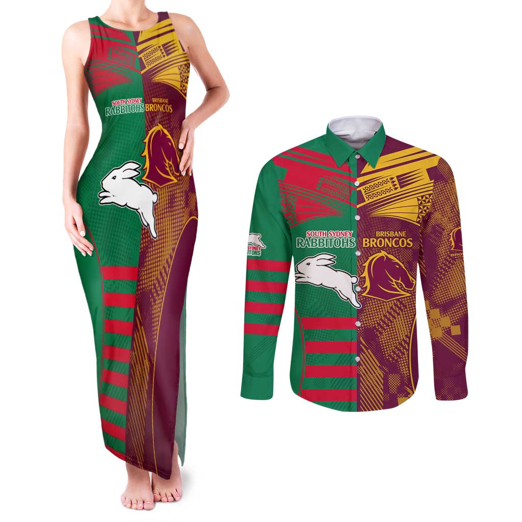 Custom NRL Rabbitohs and Broncos Couples Matching Tank Maxi Dress and Long Sleeve Button Shirt Sporty Style