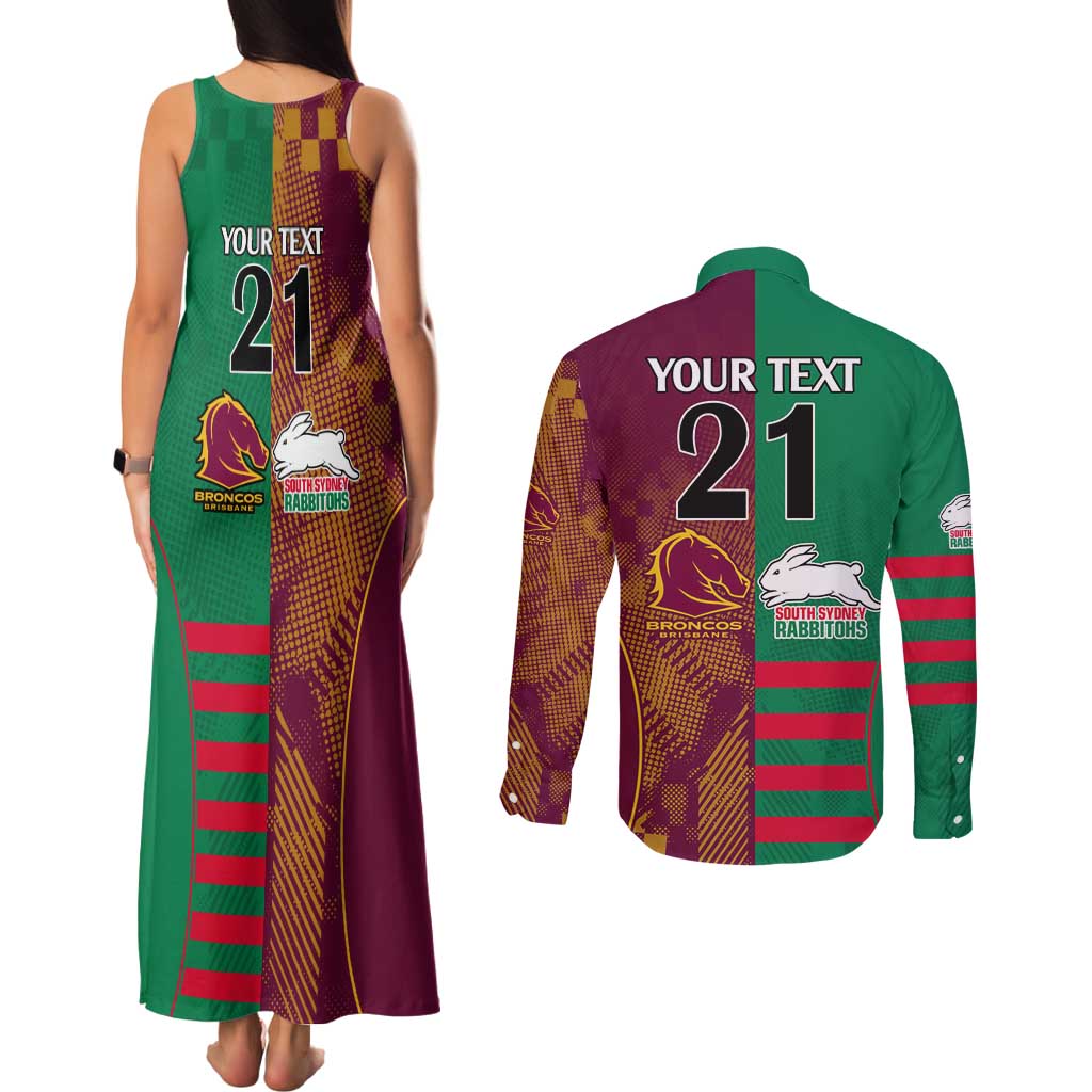 Custom NRL Rabbitohs and Broncos Couples Matching Tank Maxi Dress and Long Sleeve Button Shirt Sporty Style