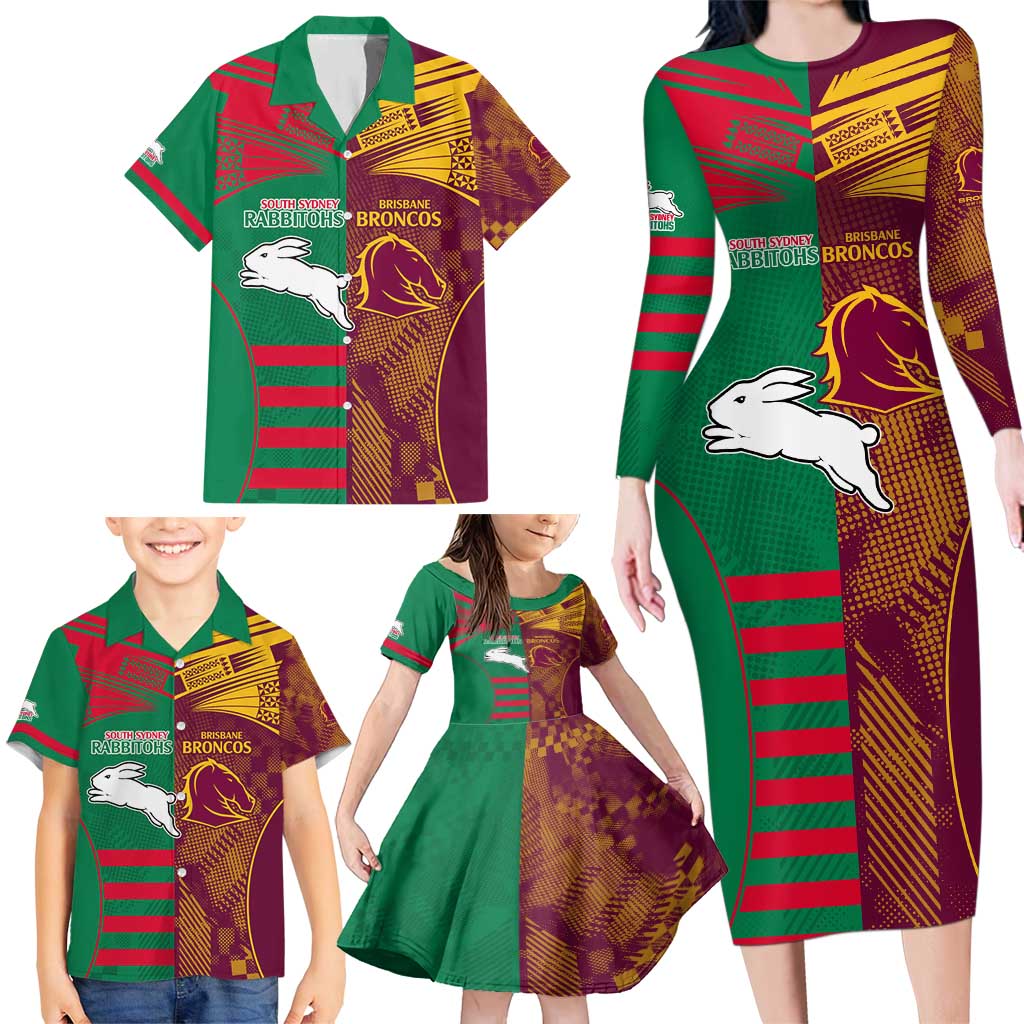 Custom NRL Rabbitohs and Broncos Family Matching Long Sleeve Bodycon Dress and Hawaiian Shirt Sporty Style