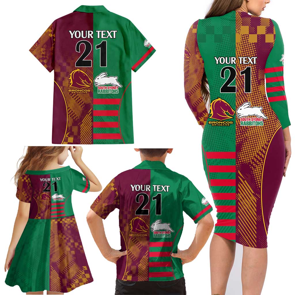 Custom NRL Rabbitohs and Broncos Family Matching Long Sleeve Bodycon Dress and Hawaiian Shirt Sporty Style