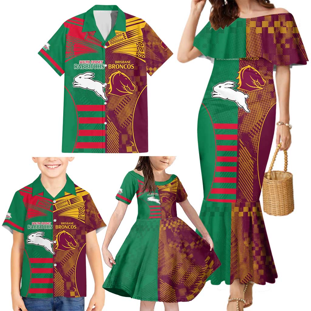 Custom NRL Rabbitohs and Broncos Family Matching Mermaid Dress and Hawaiian Shirt Sporty Style