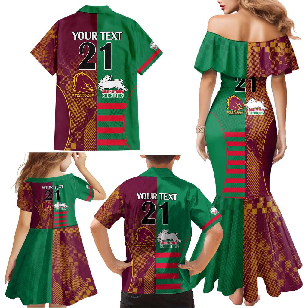 Custom NRL Rabbitohs and Broncos Family Matching Mermaid Dress and Hawaiian Shirt Sporty Style