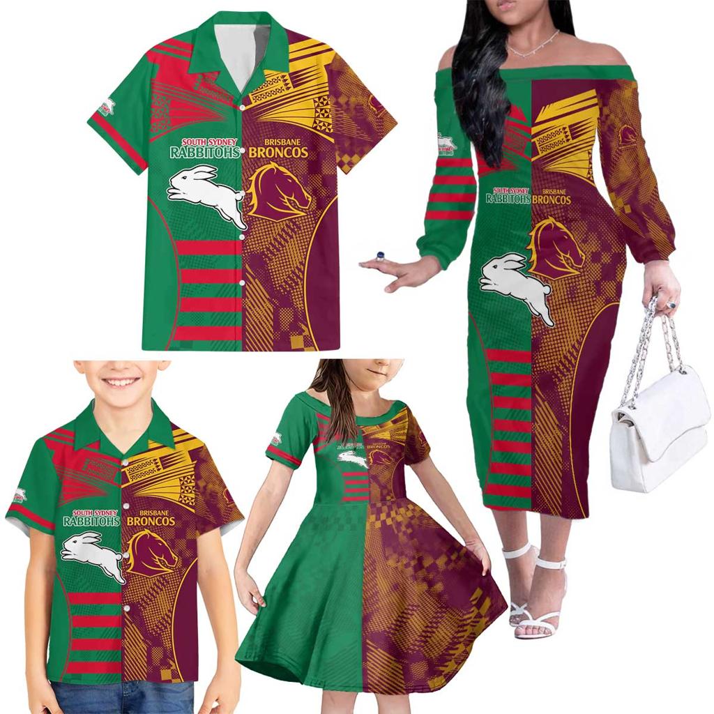 Custom NRL Rabbitohs and Broncos Family Matching Off The Shoulder Long Sleeve Dress and Hawaiian Shirt Sporty Style