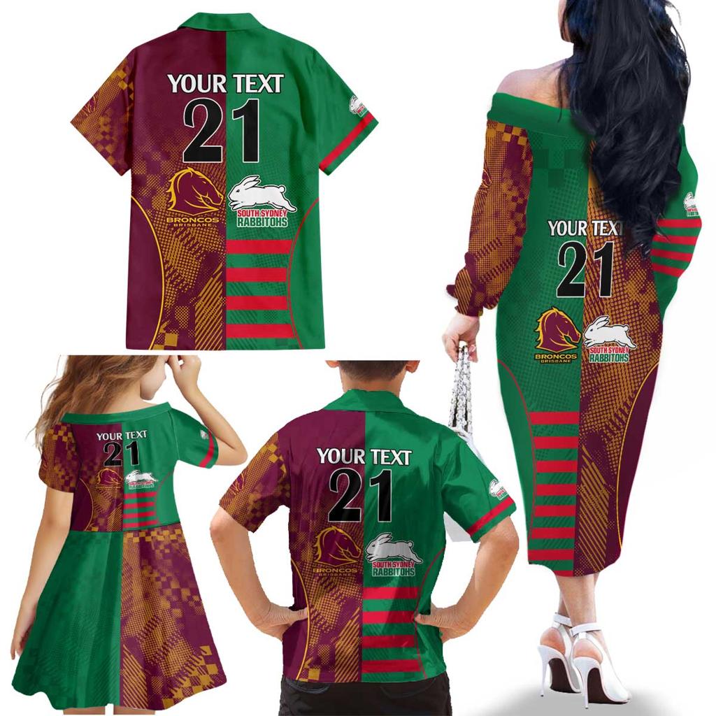 Custom NRL Rabbitohs and Broncos Family Matching Off The Shoulder Long Sleeve Dress and Hawaiian Shirt Sporty Style