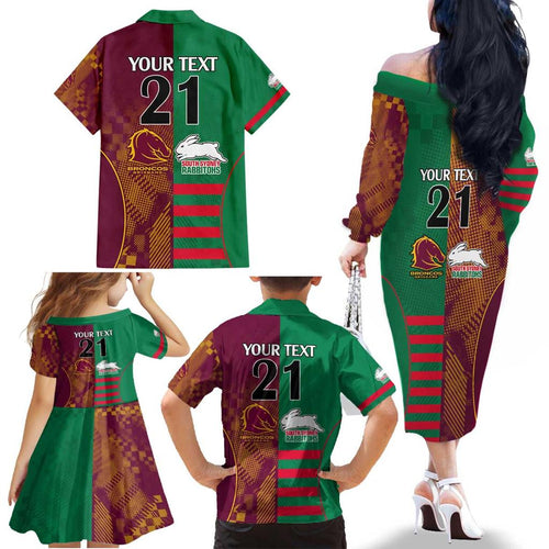 Custom NRL Rabbitohs and Broncos Family Matching Off The Shoulder Long Sleeve Dress and Hawaiian Shirt Sporty Style