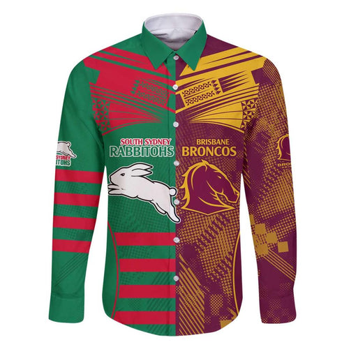 Custom NRL Rabbitohs and Broncos Family Matching Off The Shoulder Long Sleeve Dress and Hawaiian Shirt Sporty Style
