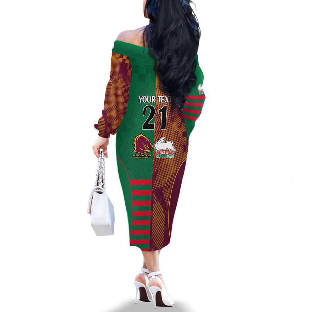Custom NRL Rabbitohs and Broncos Family Matching Off The Shoulder Long Sleeve Dress and Hawaiian Shirt Sporty Style