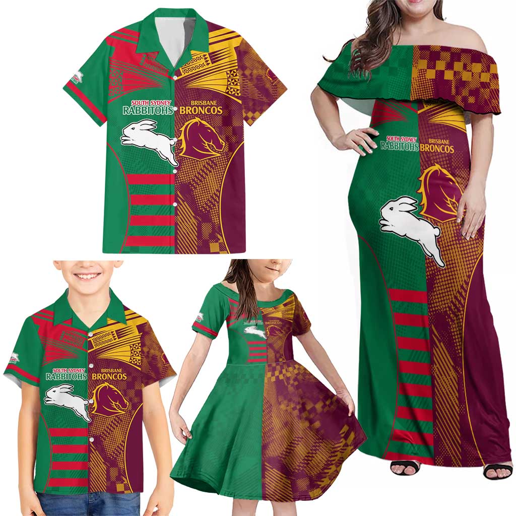 Custom NRL Rabbitohs and Broncos Family Matching Off Shoulder Maxi Dress and Hawaiian Shirt Sporty Style