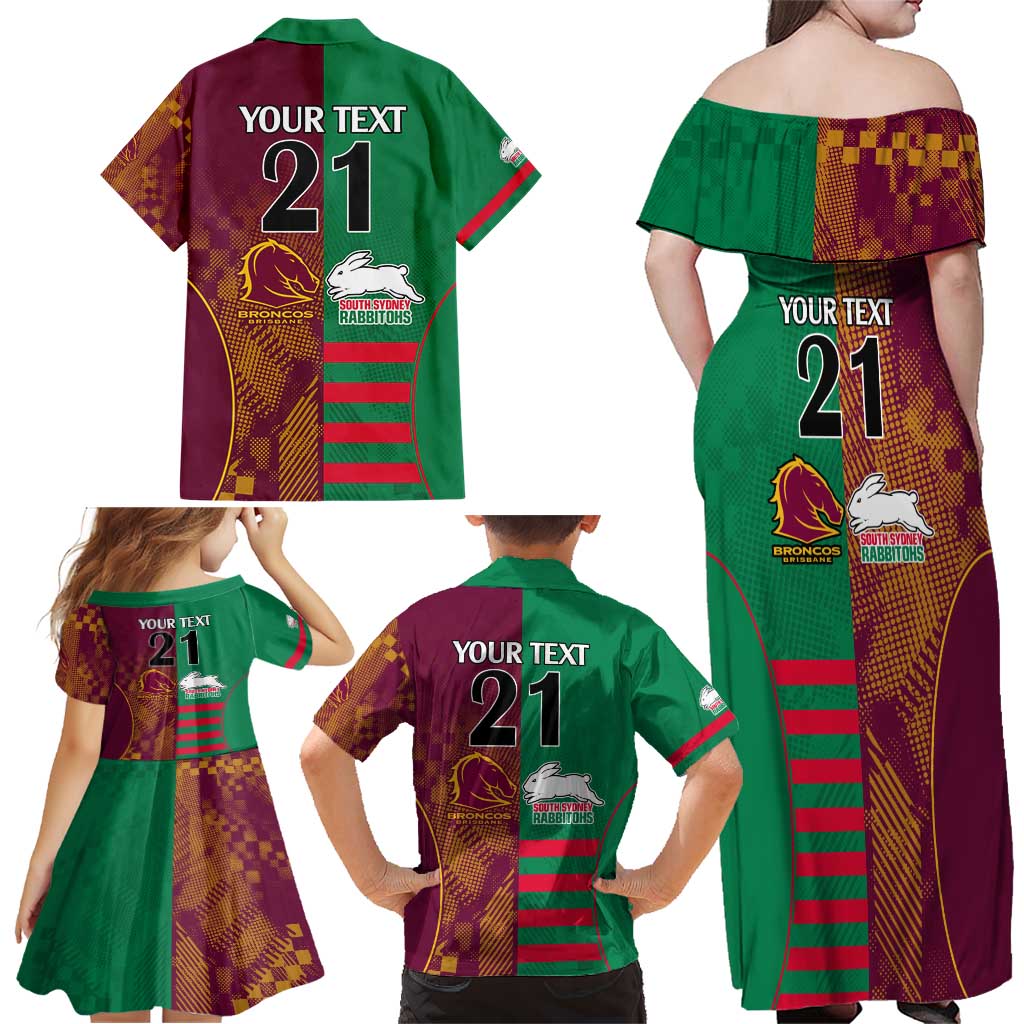Custom NRL Rabbitohs and Broncos Family Matching Off Shoulder Maxi Dress and Hawaiian Shirt Sporty Style