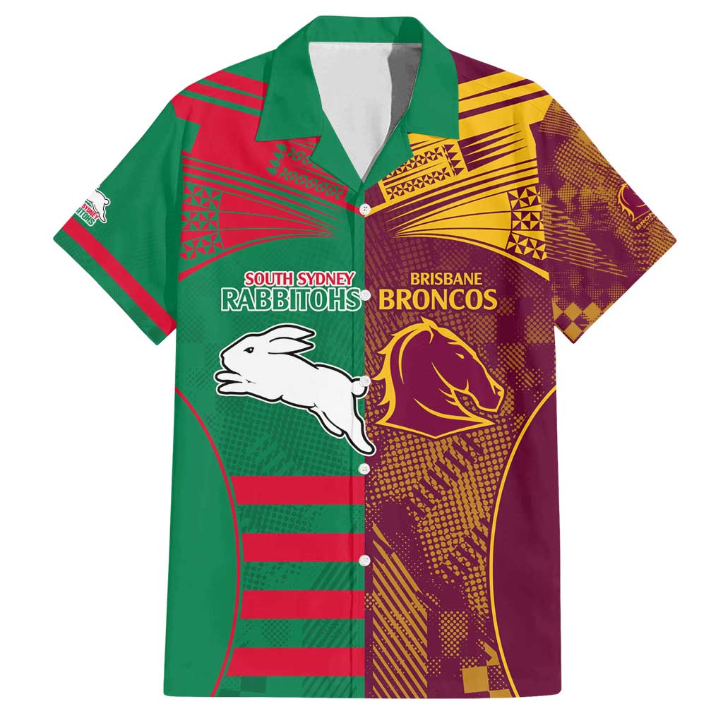 Custom NRL Rabbitohs and Broncos Family Matching Off Shoulder Maxi Dress and Hawaiian Shirt Sporty Style