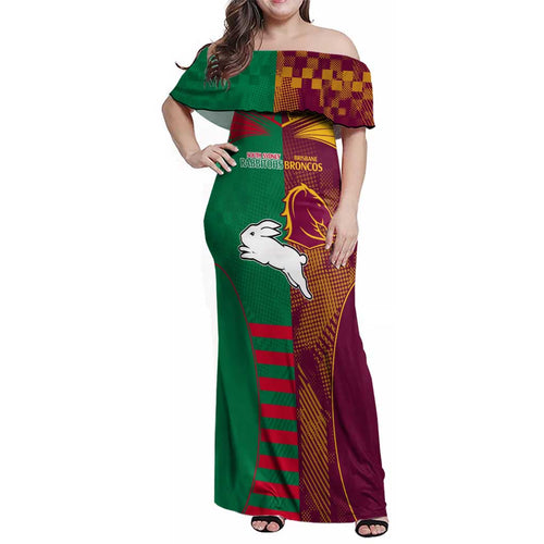Custom NRL Rabbitohs and Broncos Family Matching Off Shoulder Maxi Dress and Hawaiian Shirt Sporty Style