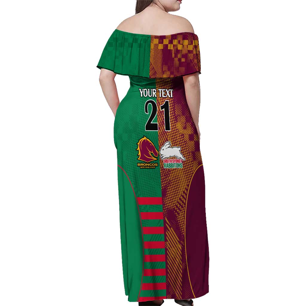 Custom NRL Rabbitohs and Broncos Family Matching Off Shoulder Maxi Dress and Hawaiian Shirt Sporty Style