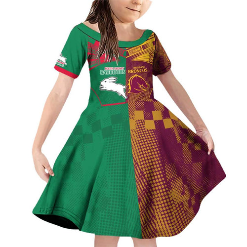 Custom NRL Rabbitohs and Broncos Family Matching Off Shoulder Short Dress and Hawaiian Shirt Sporty Style