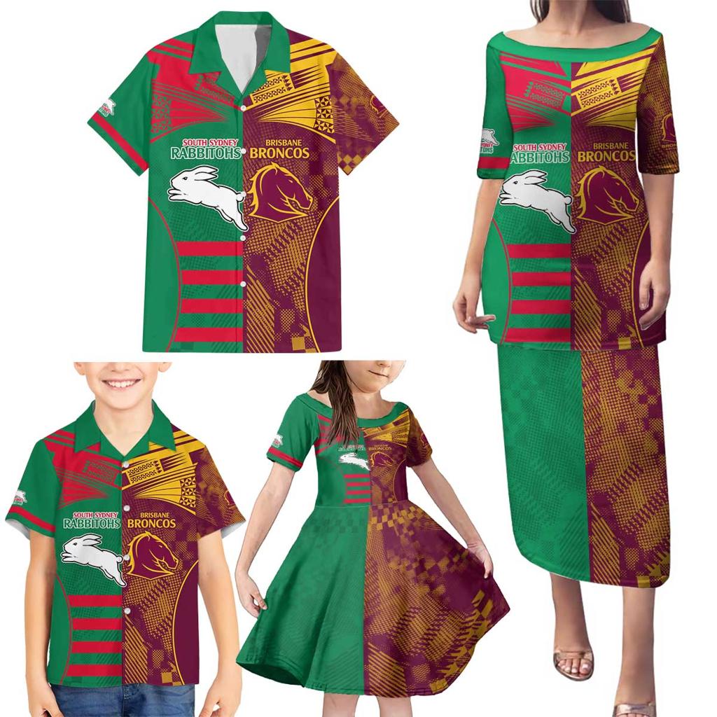 Custom NRL Rabbitohs and Broncos Family Matching Puletasi and Hawaiian Shirt Sporty Style