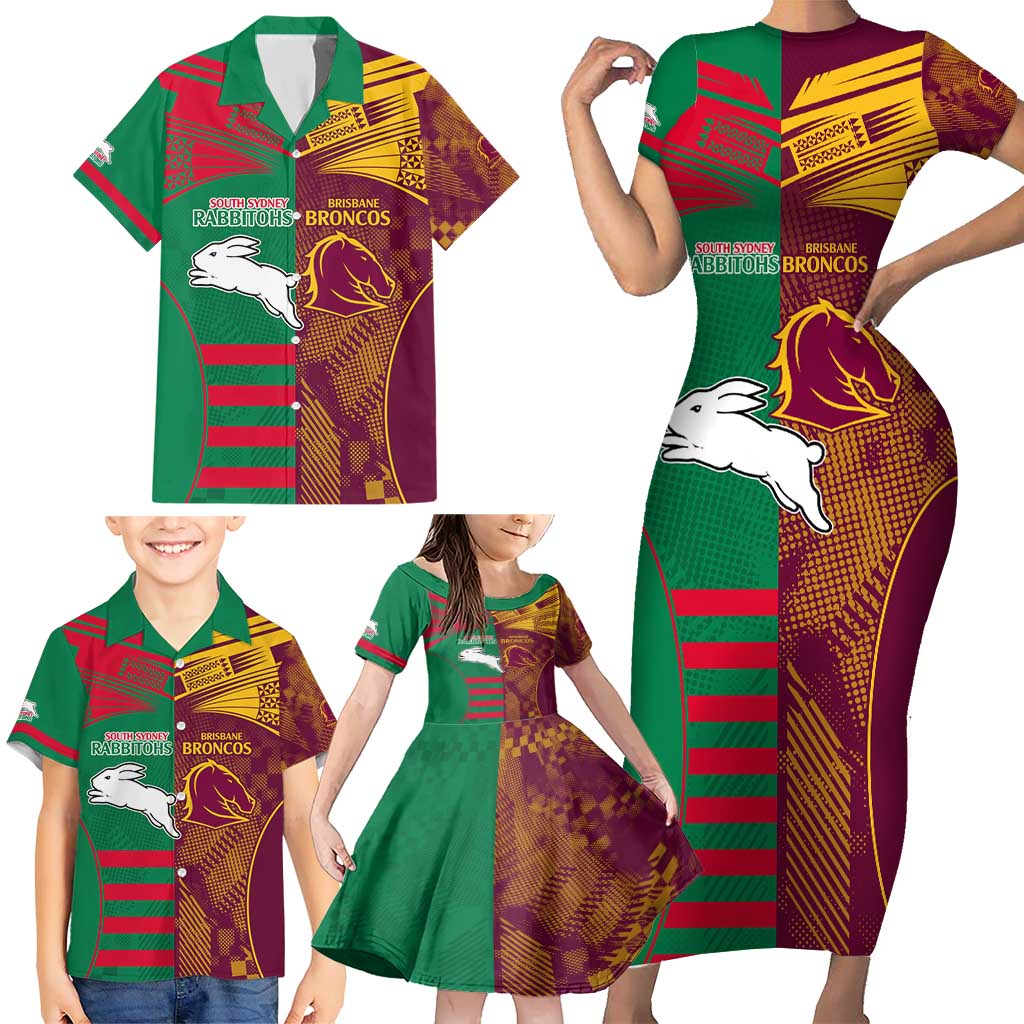 Custom NRL Rabbitohs and Broncos Family Matching Short Sleeve Bodycon Dress and Hawaiian Shirt Sporty Style