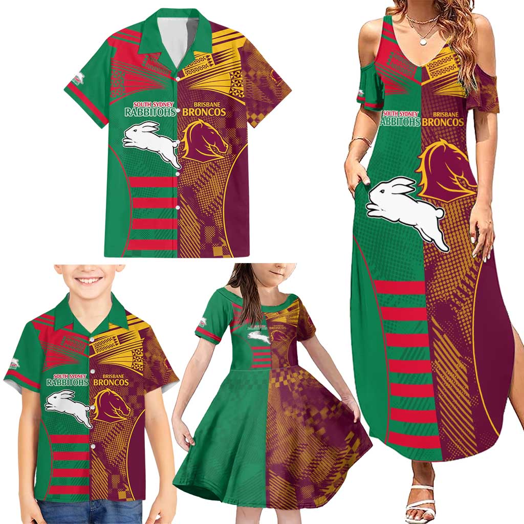 Custom NRL Rabbitohs and Broncos Family Matching Summer Maxi Dress and Hawaiian Shirt Sporty Style