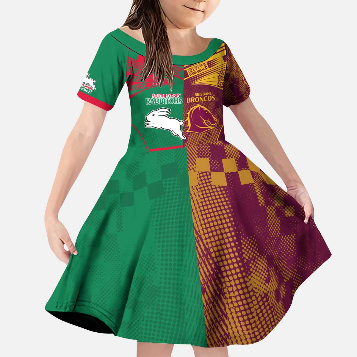Custom NRL Rabbitohs and Broncos Kid Short Sleeve Dress Sporty Style