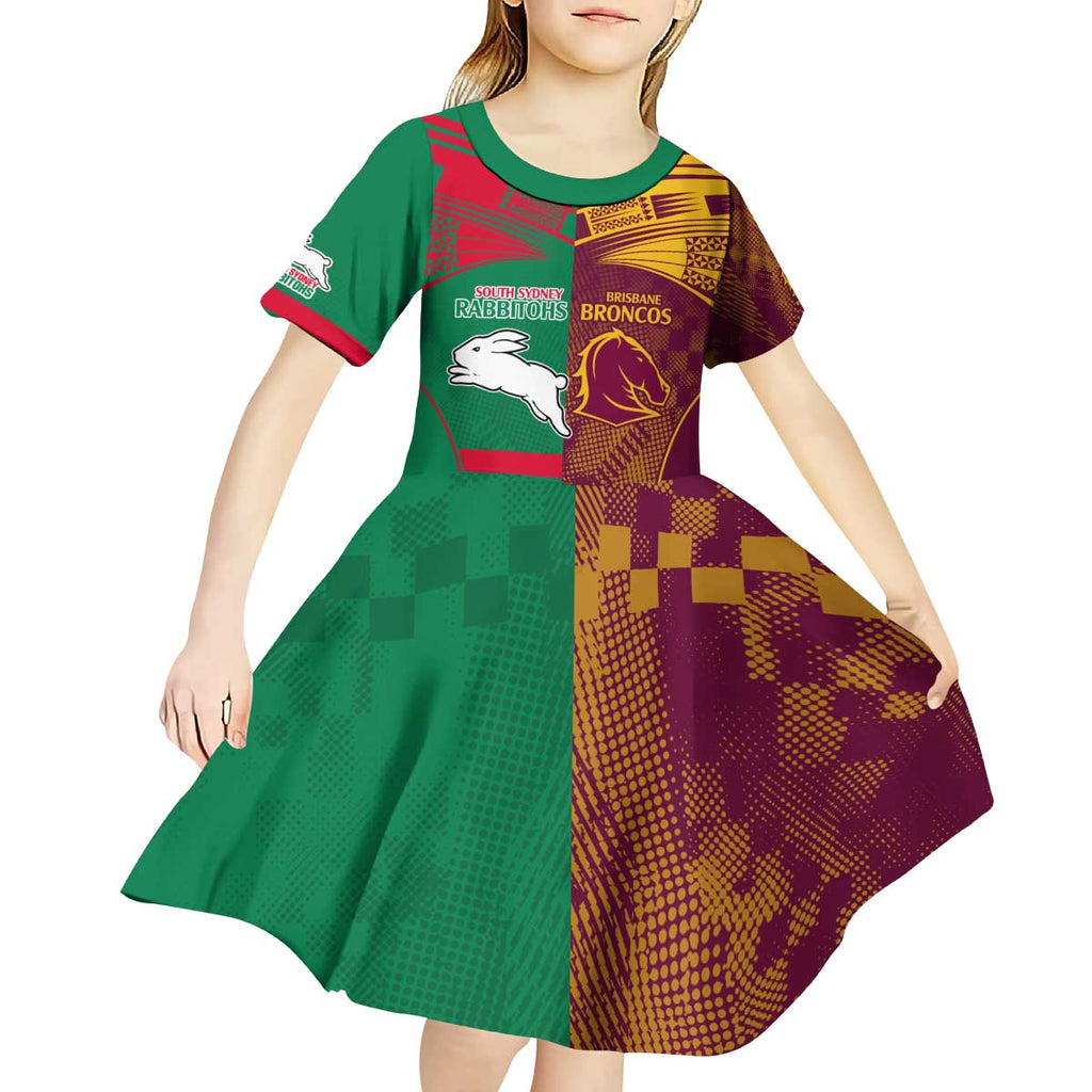 Custom NRL Rabbitohs and Broncos Kid Short Sleeve Dress Sporty Style