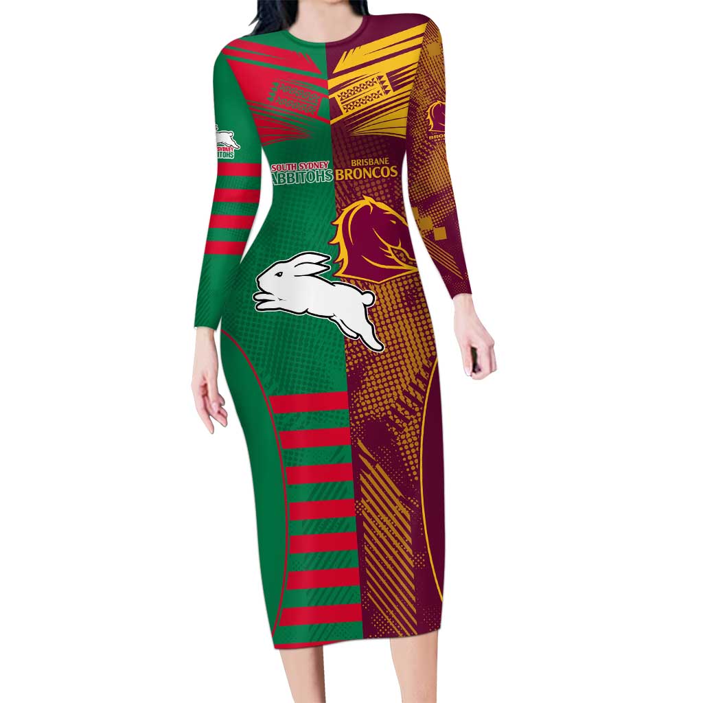 Custom NRL Rabbitohs and Broncos Long Sleeve Bodycon Dress Sporty Style