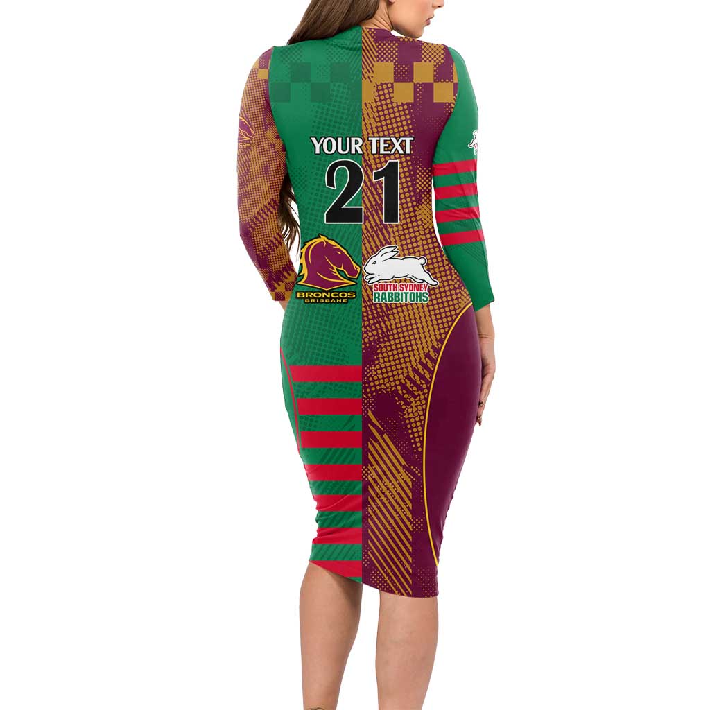 Custom NRL Rabbitohs and Broncos Long Sleeve Bodycon Dress Sporty Style