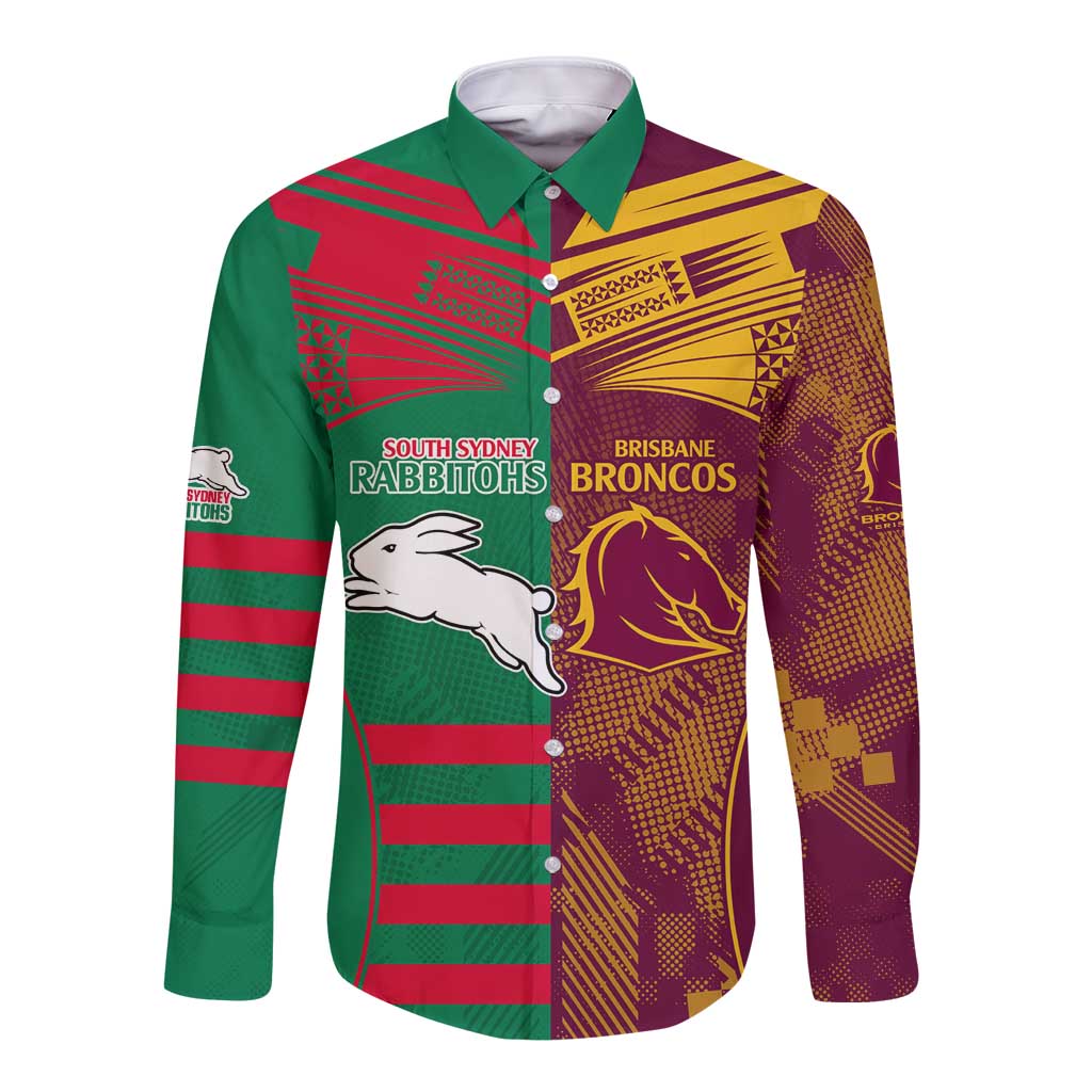 Custom NRL Rabbitohs and Broncos Long Sleeve Button Shirt Sporty Style