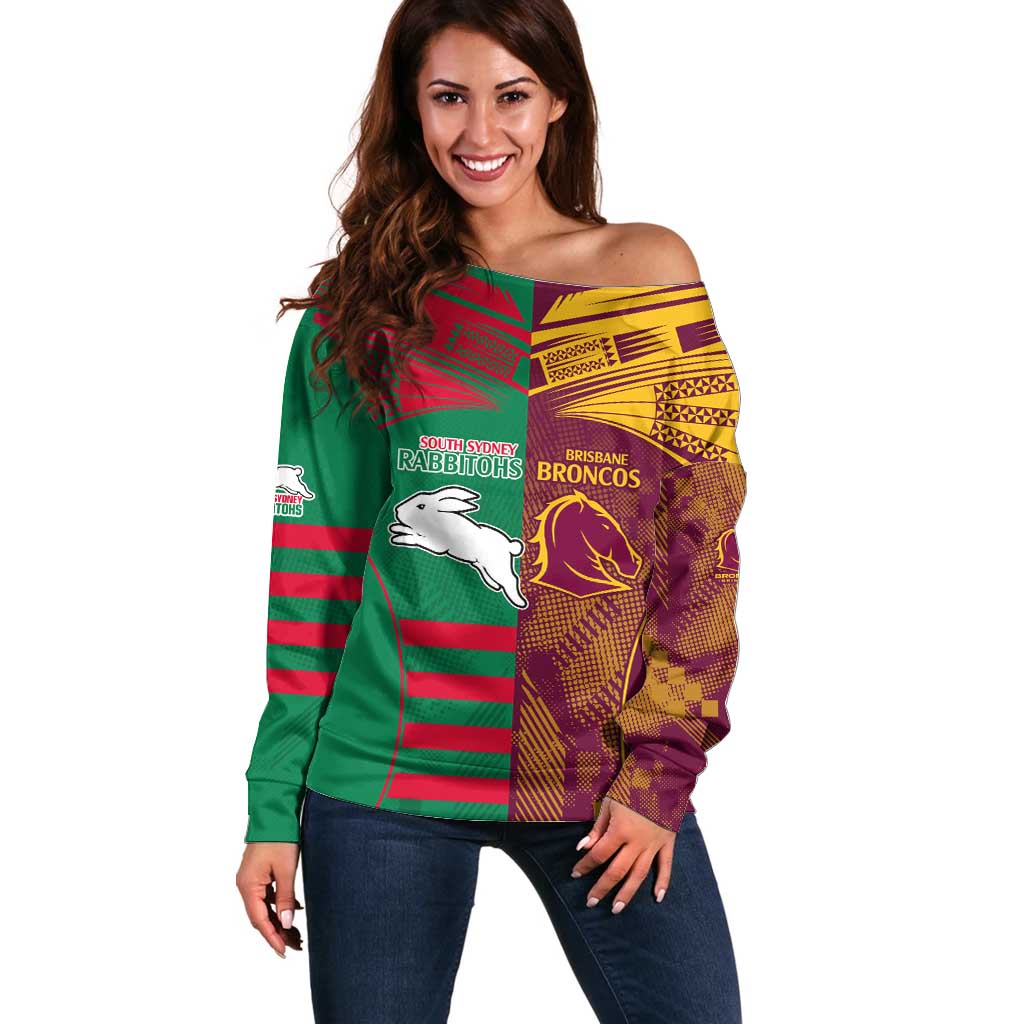 Custom NRL Rabbitohs and Broncos Off Shoulder Sweater Sporty Style