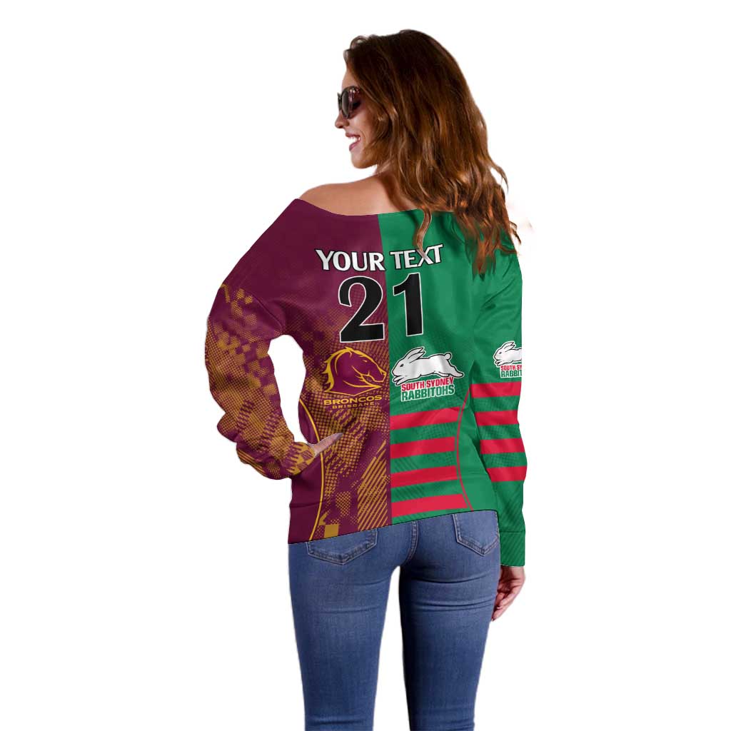 Custom NRL Rabbitohs and Broncos Off Shoulder Sweater Sporty Style