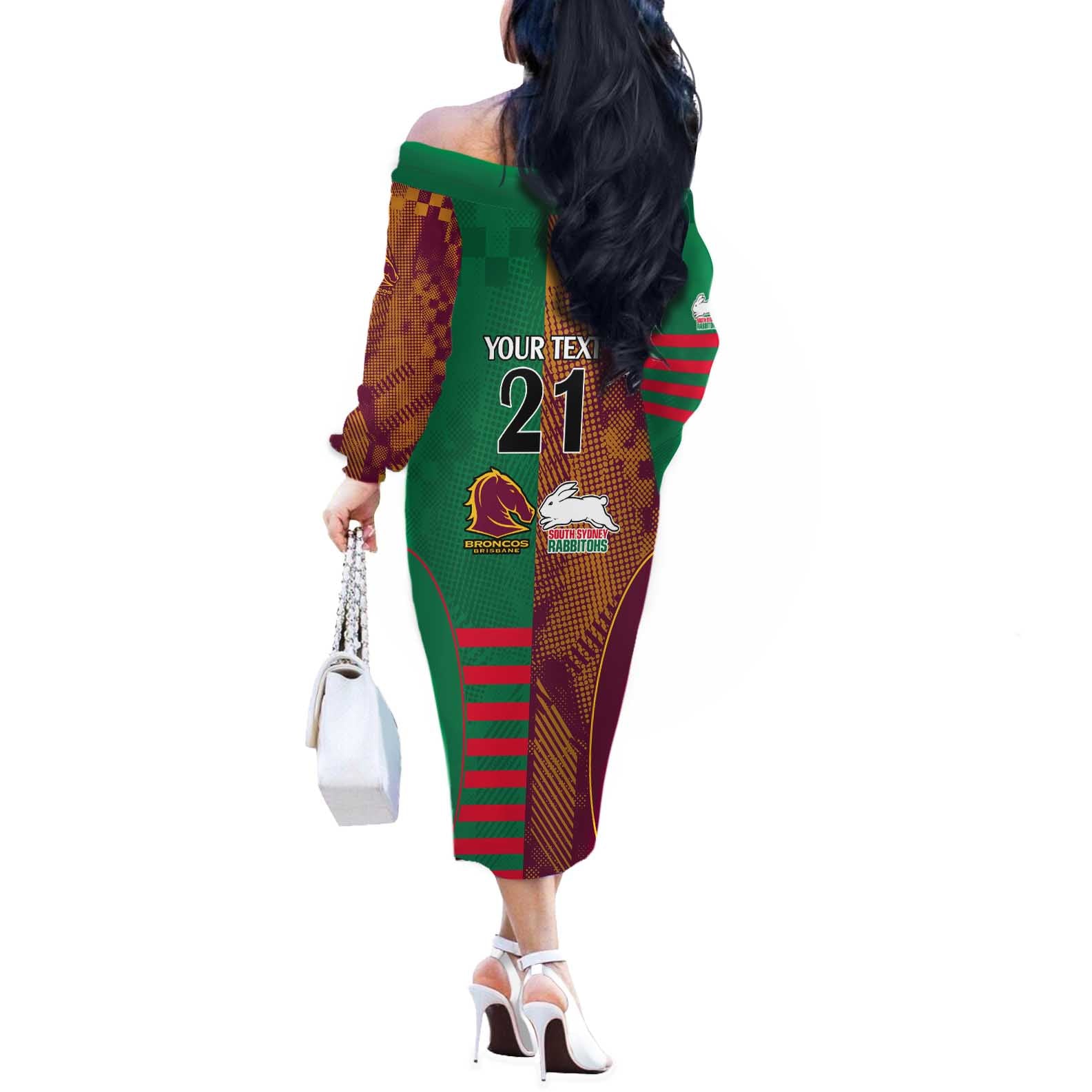 Custom NRL Rabbitohs and Broncos Off The Shoulder Long Sleeve Dress Sporty Style