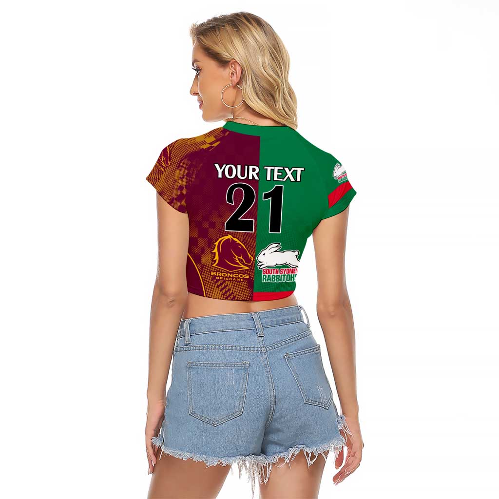 Custom NRL Rabbitohs and Broncos Raglan Cropped T Shirt Sporty Style
